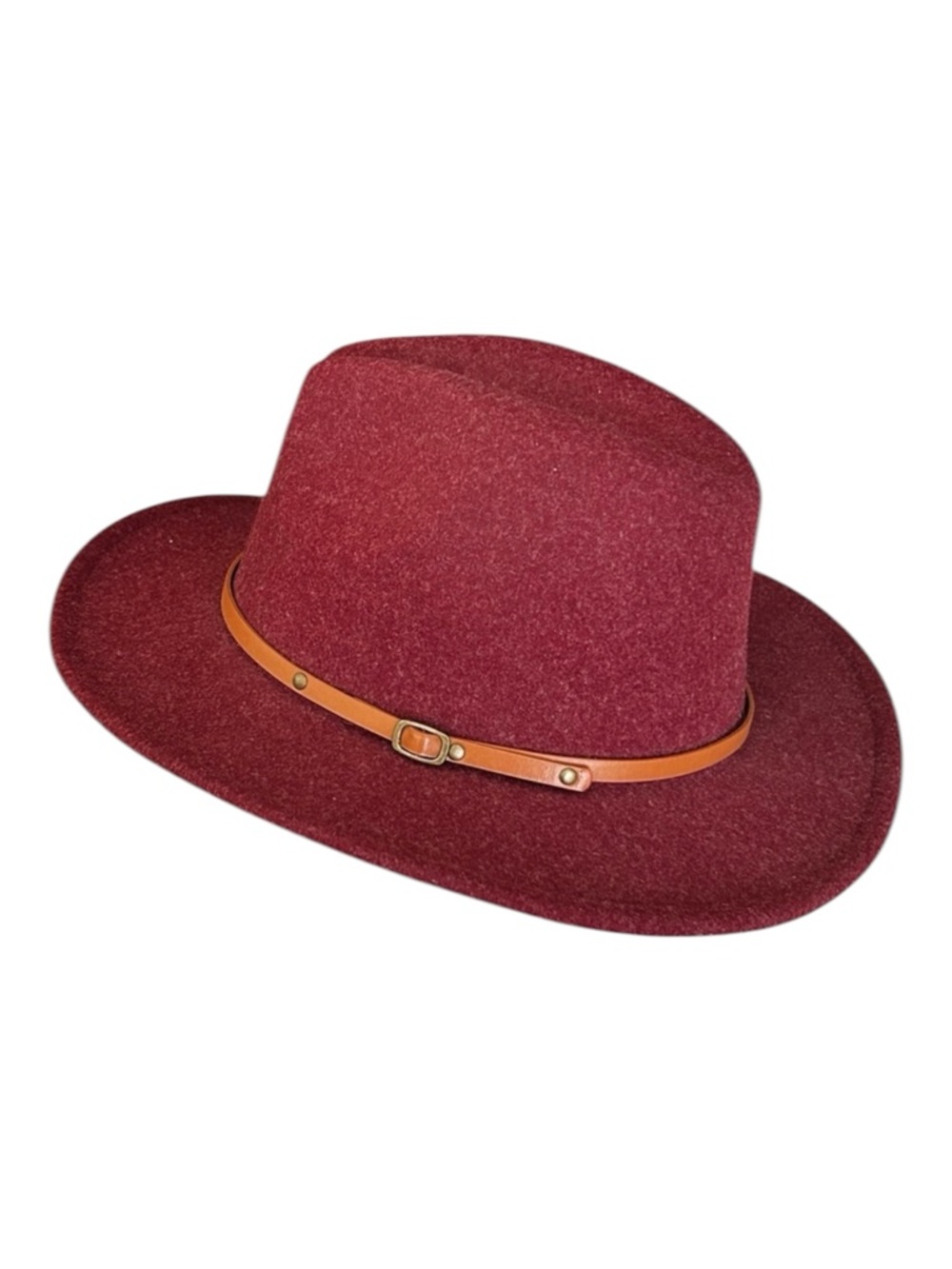 Classic Wide Brim Wool Fedora Hat Leather Belt Buckle Red/Burgundy NWOT